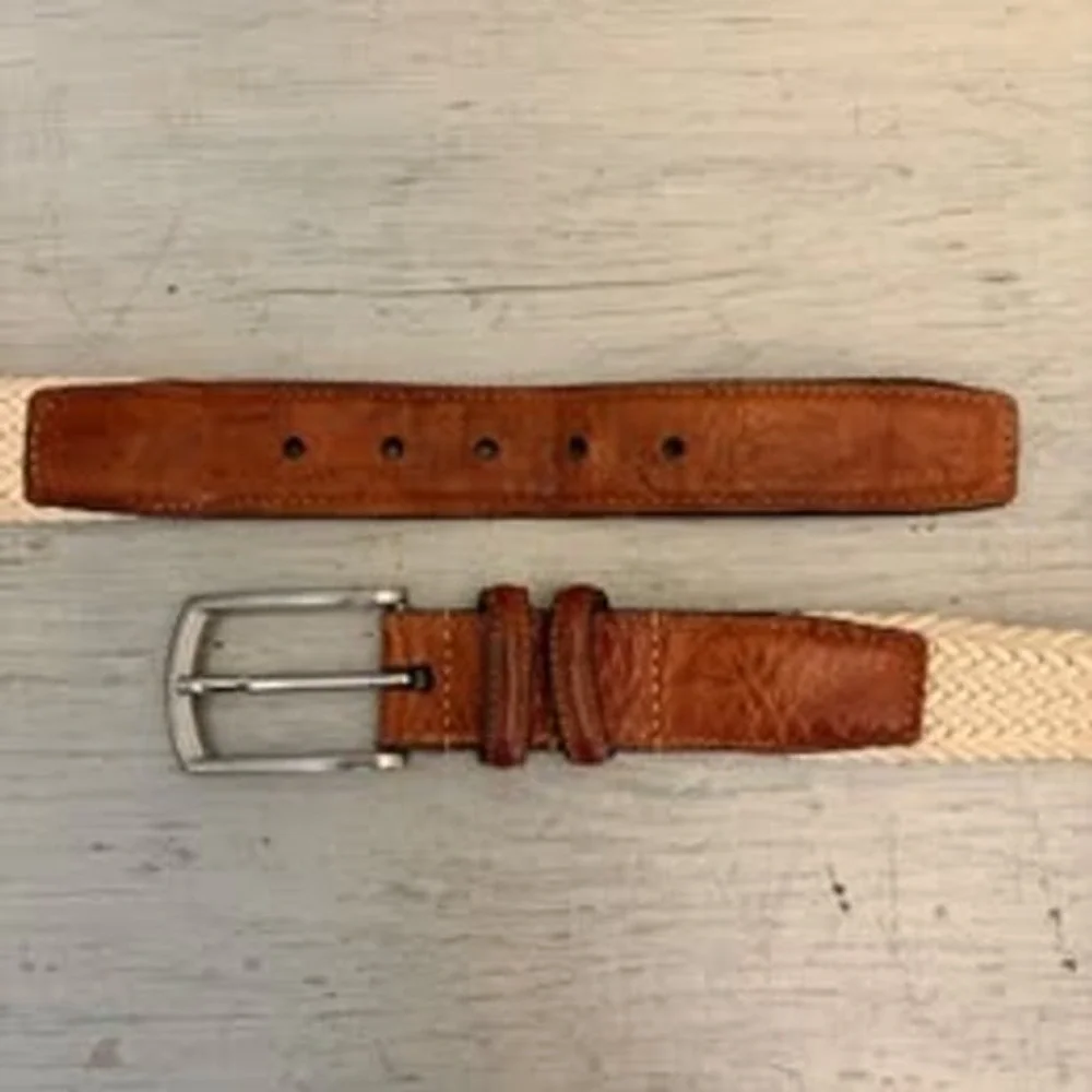 Torino Men's Cream Woven Stretch Belt w/ Brown Leather Trim 47-51